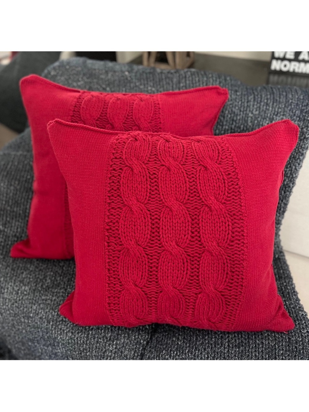 2 Pottery Barn Chunky Cable Knit 24" Throw Pillow Covers Vintage Sweater Red HTF